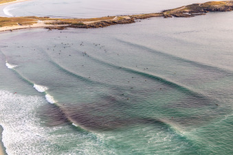 Vue aérienne de Surfeurs devant la plage la Torche-Tronoën à Saint-Jean-Trolimon dans le département Finistère, France