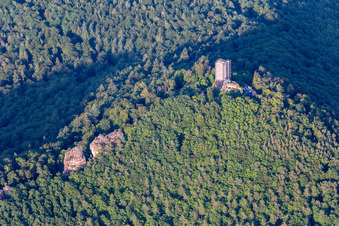 Vue aérienne de Ruines du château de Scharfenberg avec échafaudages à Leinsweiler dans le département Rhénanie-Palatinat, Allemagne