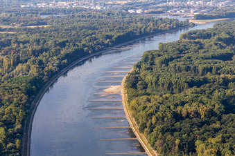 Vue aérienne de Épis et bancs de sable secs dans le Rhin en raison des basses eaux à Neupotz dans le département Rhénanie-Palatinat, Allemagne