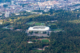 Vue aérienne de Nouveau chantier du Wildparkstadion du Karlsruher Sport-Club GmbH & Co. KGaA à le quartier Innenstadt-Ost in Karlsruhe dans le département Bade-Wurtemberg, Allemagne