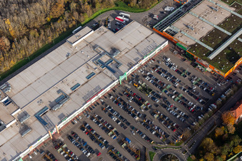 Vue aérienne de Centre Maximilien avec Globus à le quartier Maximiliansau in Wörth am Rhein dans le département Rhénanie-Palatinat, Allemagne