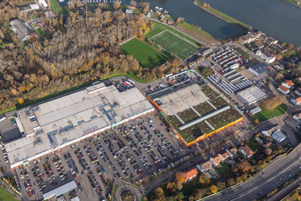 Vue aérienne de Centre Maximilien avec Globus à le quartier Maximiliansau in Wörth am Rhein dans le département Rhénanie-Palatinat, Allemagne