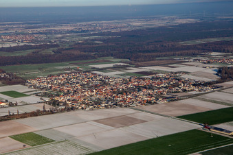 Vue aérienne de Du sud-ouest en hiver quand il y a de la neige à Ottersheim bei Landau dans le département Rhénanie-Palatinat, Allemagne