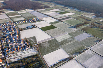 Vue aérienne de Otterbachtal en hiver avec de la neige à le quartier Schaidt in Wörth am Rhein dans le département Rhénanie-Palatinat, Allemagne