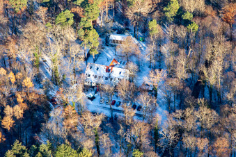 Vue aérienne de Naturfreundehaus Bienwald en hiver avec de la neige à Kandel dans le département Rhénanie-Palatinat, Allemagne