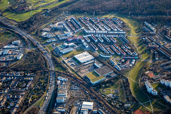 Vue aérienne de Badeniaplatz, bureau Otto Versand à le quartier Oberreut in Karlsruhe dans le département Bade-Wurtemberg, Allemagne