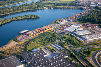 Vue aérienne de Port régional de Wörth et zone industrielle d'Oberwald Contargo Wörth-Karlsruhe GmbH à Wörth am Rhein dans le département Rhénanie-Palatinat, Allemagne