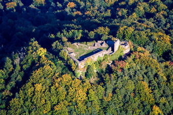Photographie aérienne de Ruines et vestiges des murs de l'ancien complexe du château de Lindelbrunn à Vorderweidenthal dans le département Rhénanie-Palatinat, Allemagne