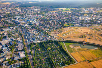 Vue aérienne de Association de jardins familiaux « Wilde-Au » eV, lac BUGA à le quartier Feudenheim in Mannheim dans le département Bade-Wurtemberg, Allemagne