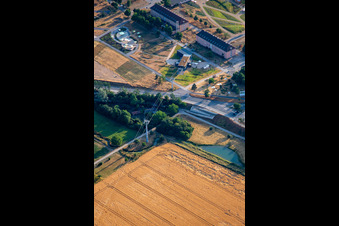 Vue aérienne de Station de téléphérique Spinelli du téléphérique du parc Spinelli au Luisenpark de l'Exposition fédérale des jardins Mannheim BUGA 2023 à le quartier Feudenheim in Mannheim dans le département Bade-Wurtemberg, Allemagne