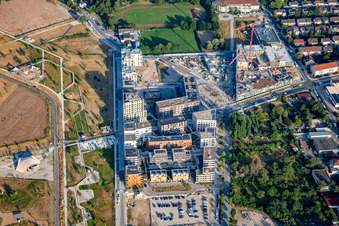 Vue aérienne de Jardin symphonique, le jardin des miroirs, la conception de tombes et le mémorial dans le parc Spinelli de l'exposition fédérale de jardinage Mannheim BUGA 2023 à le quartier Käfertal in Mannheim dans le département Bade-Wurtemberg, Allemagne