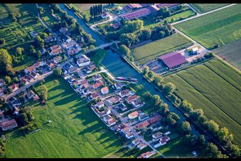 Vue aérienne de Rue du Canal sur le Canal du Rhône au Rhin à Plobsheim dans le département Bas Rhin, France