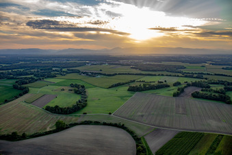 Vue aérienne de Coucher de soleil sur les Vosges à Obenheim dans le département Bas Rhin, France