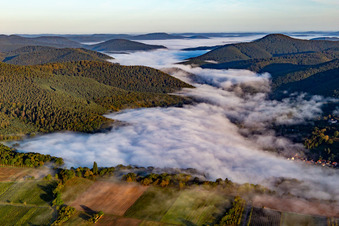 Vue aérienne de Wieslautertal sous le couvert du brouillard matinal à Bobenthal dans le département Rhénanie-Palatinat, Allemagne