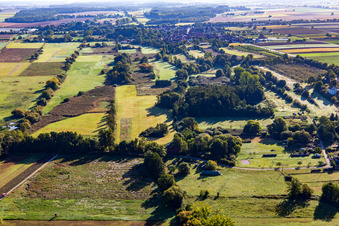 Vue aérienne de Réserve naturelle de Billigheimer Bruch vue de l'ouest à le quartier Mühlhofen in Billigheim-Ingenheim dans le département Rhénanie-Palatinat, Allemagne