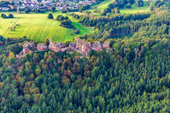 Vue aérienne de Massif du château d'Altdahn avec les ruines des châteaux de Grafendahn et de Tanstein à Dahn dans le département Rhénanie-Palatinat, Allemagne