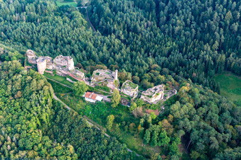 Massif du château d'Altdahn avec les ruines des châteaux de Grafendahn et de Tanstein à Dahn dans le département Rhénanie-Palatinat, Allemagne hors des airs