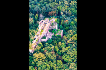 Château de Drachenfels à Busenberg dans le département Rhénanie-Palatinat, Allemagne depuis l'avion