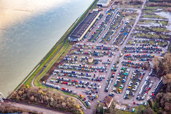 Vue aérienne de Dépôt de camions de Zeltmann Kfz-Transfer GmbH au bord du Rhin Maximiliansau à le quartier Maximiliansau in Wörth am Rhein dans le département Rhénanie-Palatinat, Allemagne