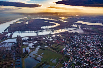 Vue aérienne de En raison des inondations, la réserve naturelle de Goldgrund dans la Hagenbacher Altrheinschleife a été inondée à le quartier Maximiliansau in Wörth am Rhein dans le département Rhénanie-Palatinat, Allemagne