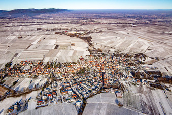Vue aérienne de Du sud en hiver dans la neige à Göcklingen dans le département Rhénanie-Palatinat, Allemagne