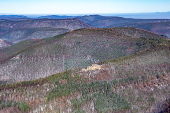 Vue aérienne de Ruines du château de Neuscharfeneck vues du sud en hiver avec de la neige à Flemlingen dans le département Rhénanie-Palatinat, Allemagne