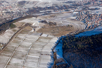 Vue oblique de Vignoble de Keschdebusch vu de l'ouest en hiver avec de la neige à Birkweiler dans le département Rhénanie-Palatinat, Allemagne