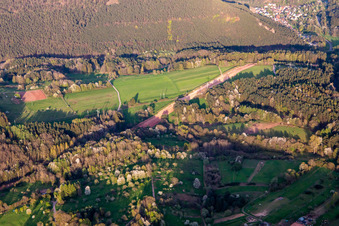 Vue aérienne de Un corridor à travers la forêt du Palatinat pour la reconstruction du tronçon de 51 km du gazoduc transeuropéen (TENP-III des Pays-Bas vers la Suisse) entre Mittelbrunn et Klingenmünster à Spirkelbach dans le département Rhénanie-Palatinat, Allemagne