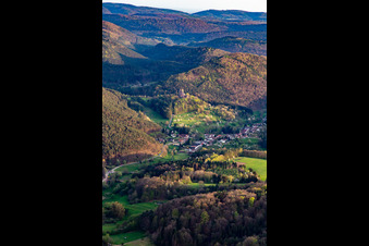 Vue aérienne de Château de Berwartstein vu du nord à Erlenbach bei Dahn dans le département Rhénanie-Palatinat, Allemagne
