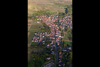 Vue aérienne de Rue principale vue de l'ouest le soir à Göcklingen dans le département Rhénanie-Palatinat, Allemagne