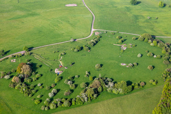 Vue aérienne de Des moutons paissent entre les ruines d'un ancien bunker à Achen dans le département Moselle, France