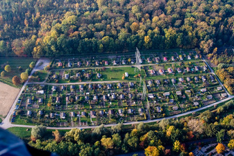 Vue aérienne de Parcelles d'un jardin familial à le quartier Forchheim in Rheinstetten dans le département Bade-Wurtemberg, Allemagne