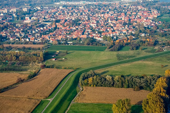 Vue aérienne de Du sud à le quartier Maximiliansau in Wörth am Rhein dans le département Rhénanie-Palatinat, Allemagne