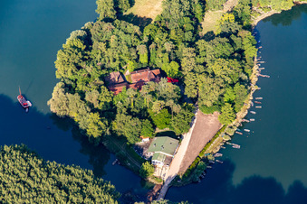 Vue oblique de Restaurant sur l'île Rott sur le Rhin à Linkenheim-Hochstetten dans le département Bade-Wurtemberg, Allemagne