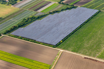 Vue aérienne de Grand système photovoltaïque en plein air à Bürstadt dans le département Hesse, Allemagne