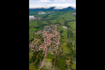 Vue aérienne de Village vu de l'est le matin sous les nuages à le quartier Arzheim in Landau in der Pfalz dans le département Rhénanie-Palatinat, Allemagne