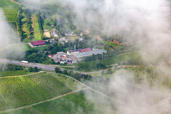 Vue aérienne de Nuages bas au-dessus de la centrale géothermique Insheim à Insheim dans le département Rhénanie-Palatinat, Allemagne