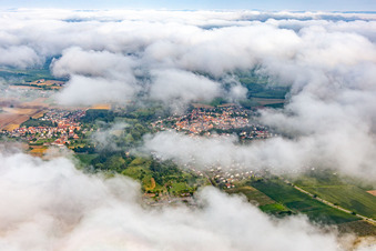 Vue aérienne de Village caché sous les nuages de l'est à le quartier Billigheim in Billigheim-Ingenheim dans le département Rhénanie-Palatinat, Allemagne