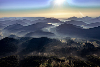 Vue aérienne de Brume matinale dans le Queichtal depuis l'ouest à Spirkelbach dans le département Rhénanie-Palatinat, Allemagne