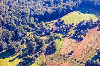 Vue aérienne de Cabane Cramerhaus et restaurant de gibier au pied des ruines du château de Lindelbrunn à Vorderweidenthal dans le département Rhénanie-Palatinat, Allemagne