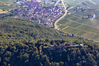 Vue aérienne de Madenburg, vestiges d'un château perché du XIe siècle entouré de forêts avec un restaurant de l'ouest à Eschbach dans le département Rhénanie-Palatinat, Allemagne