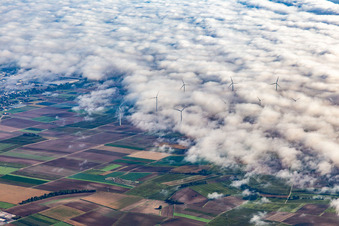 Vue aérienne de Parc éolien près d'Offenbach partiellement dans les nuages à Offenbach an der Queich dans le département Rhénanie-Palatinat, Allemagne