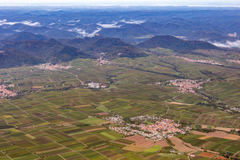 Vue aérienne de Villages du Palatinat du Sud : Mörzheim, Eschbach et Leinsweiler à Ilbesheim bei Landau dans le département Rhénanie-Palatinat, Allemagne