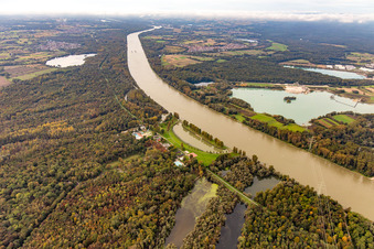 Vue aérienne de Rhin avec crue à Rheinstrandbad Rappenwört à le quartier Daxlanden in Karlsruhe dans le département Bade-Wurtemberg, Allemagne