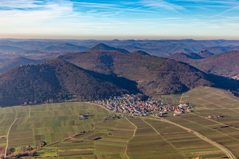 Vue aérienne de Village viticole au bord du Haardt vu de l'est à Eschbach dans le département Rhénanie-Palatinat, Allemagne