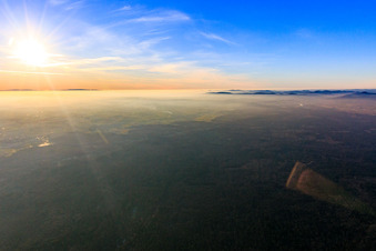 Vue aérienne de Plaine du Rhin sous le brouillard hivernal, seules les Vosges se détachent à Schleithal dans le département Bas Rhin, France