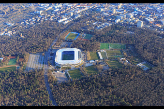 Vue aérienne de BBBank Wildpark : stade du Karlsruher Sport-Club GmbH & Co. KGaA à le quartier Innenstadt-Ost in Karlsruhe dans le département Bade-Wurtemberg, Allemagne