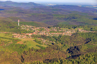 Vue aérienne de Vue de la ville à côté de la tour hertzienne de Goetzenbruck dans les Vosges du Nord depuis l'ouest à Goetzenbruck dans le département Moselle, France