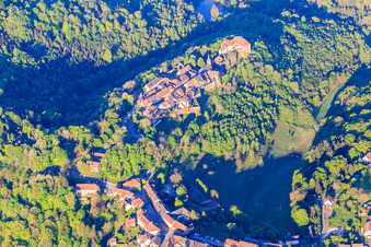 Vue aérienne de Château de Lützelstein / Château de La Petite-Pierre le matin depuis le nord à La Petite-Pierre dans le département Bas Rhin, France