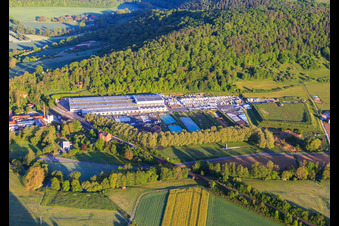 Vue aérienne de Halls de production de HOFMANN NATURSTEIN GmbH & Co. KG à le quartier Gamburg in Werbach dans le département Bade-Wurtemberg, Allemagne